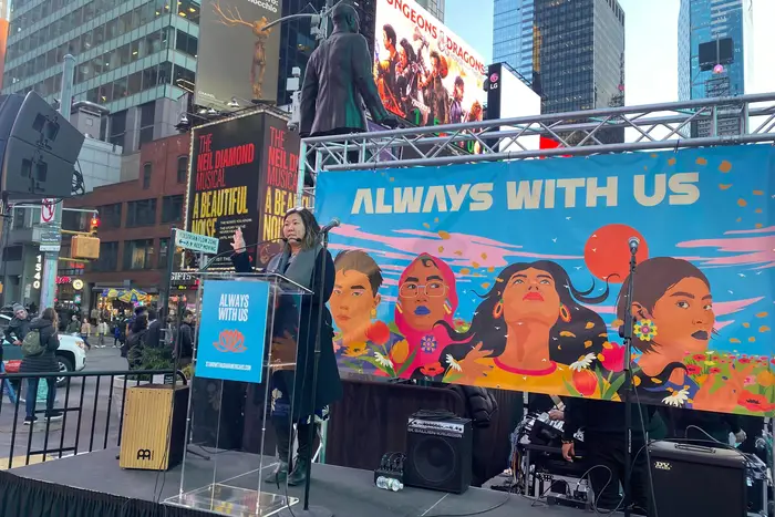 Rep. Grace Meng, D-Queens, addresses a Times Square crowd
